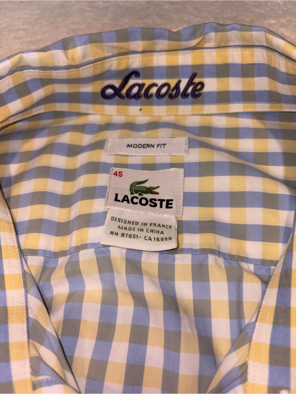 Lacoste Mens Button-Down Gingham Shirt in White and Light Green - Picture 2 of 7